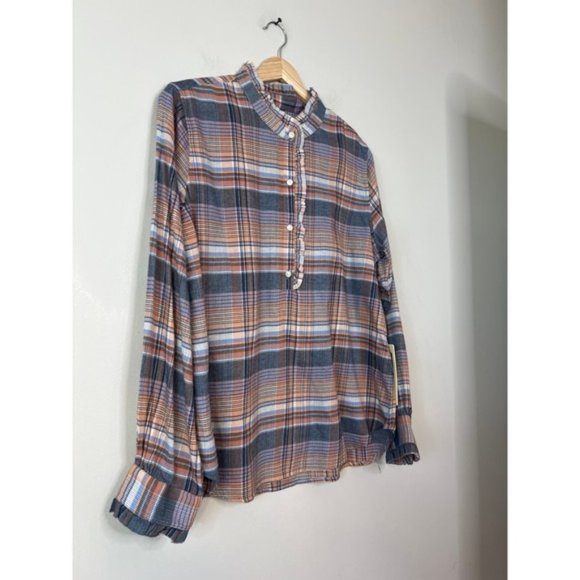 NWT Birds of Paradis By Trovata Ruffle Breezy Blouse Eclipse Plaid Button Down - Picture 3 of 7